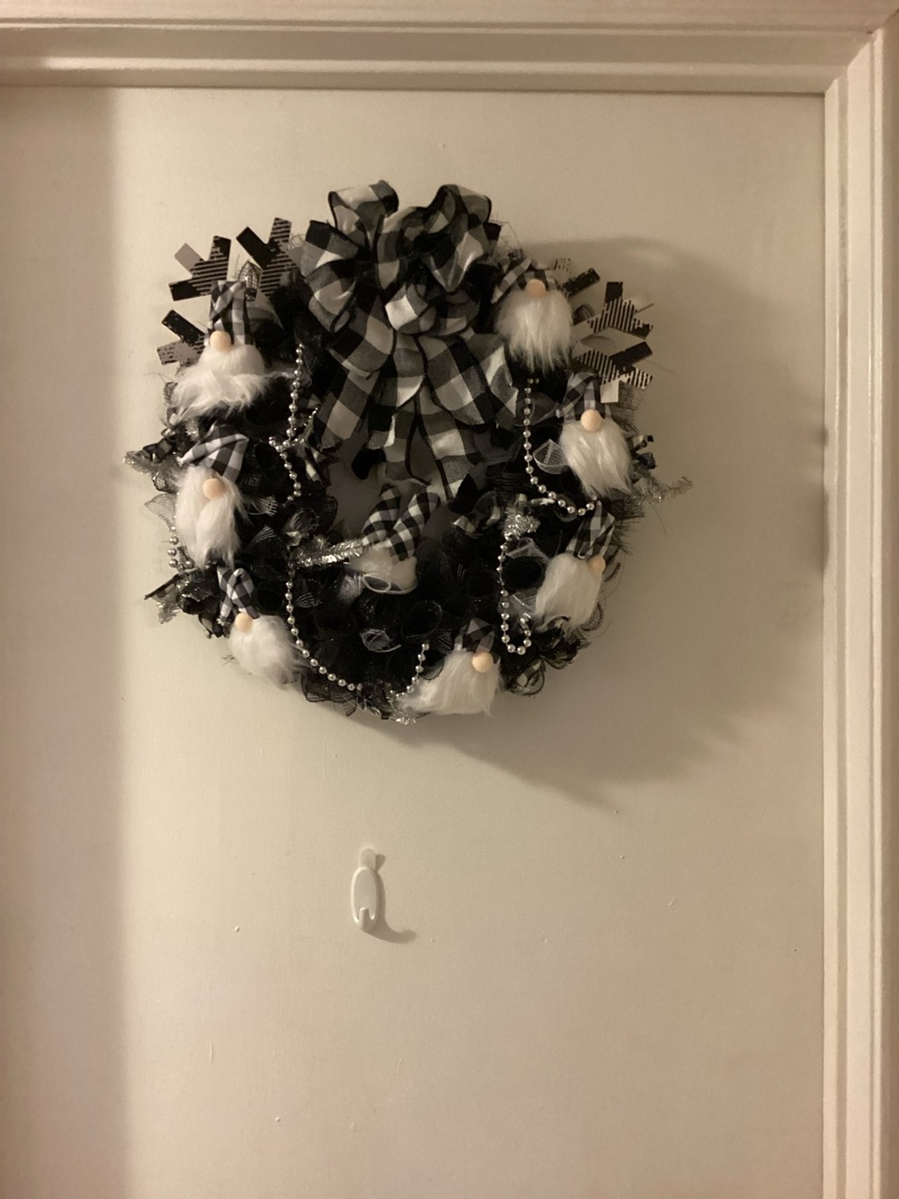 Homemade black-and-white gnome Christmas wreath